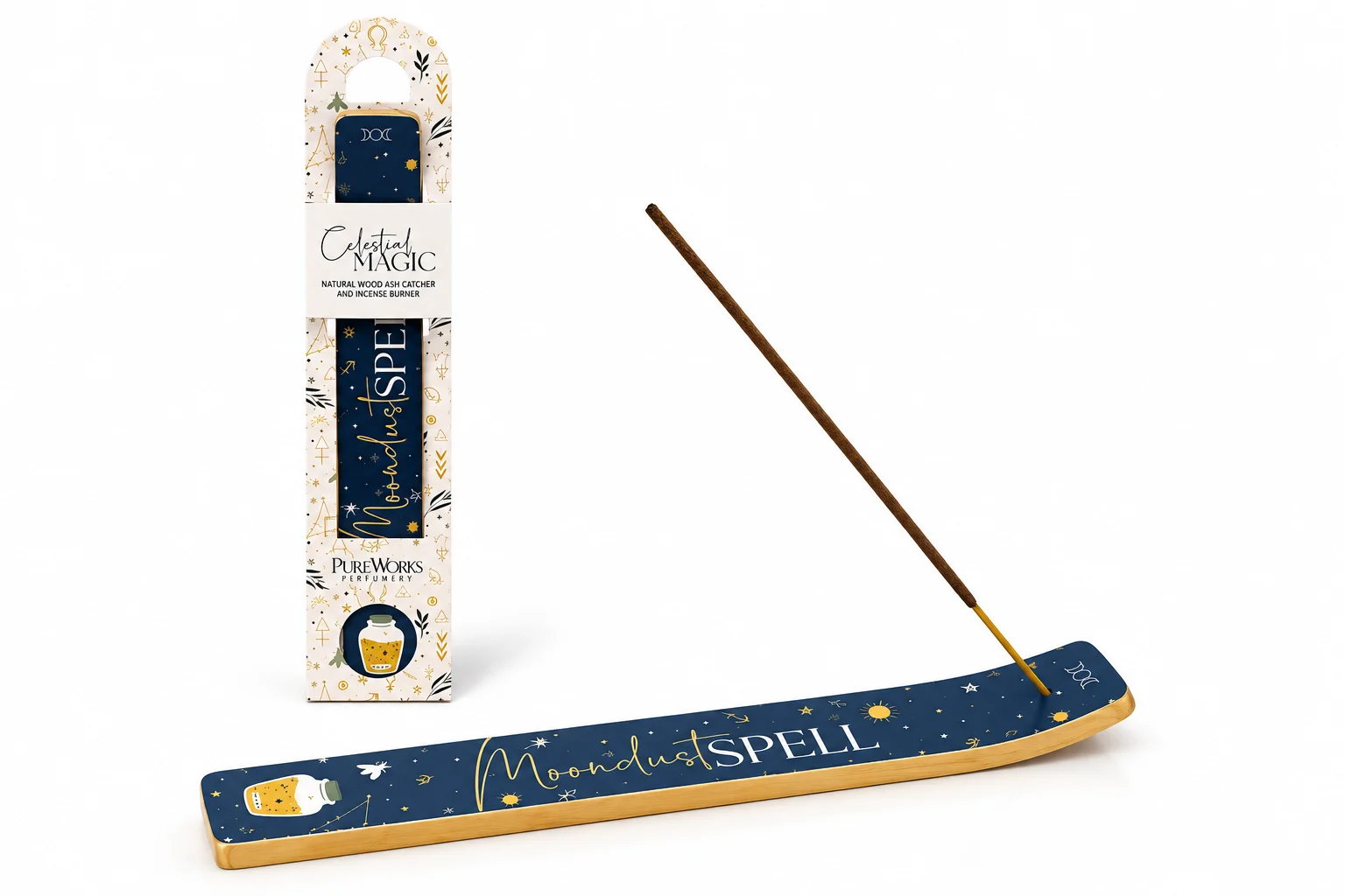 Celestial Magic Incense Holder Moondust Spell 26 cm | ANO.SE. Celestial Magic Incense Holder Moondust Spell 26 cm με μπλε mystical design και ξύλινη βάση για incense sticks