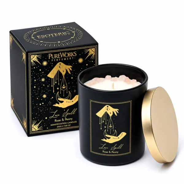 Song of India Manifestation Candle Love Spell 200 g με Rose & Peony, rose quartz, μαύρο δοχείο, χρυσό καπάκι και συσκευασία