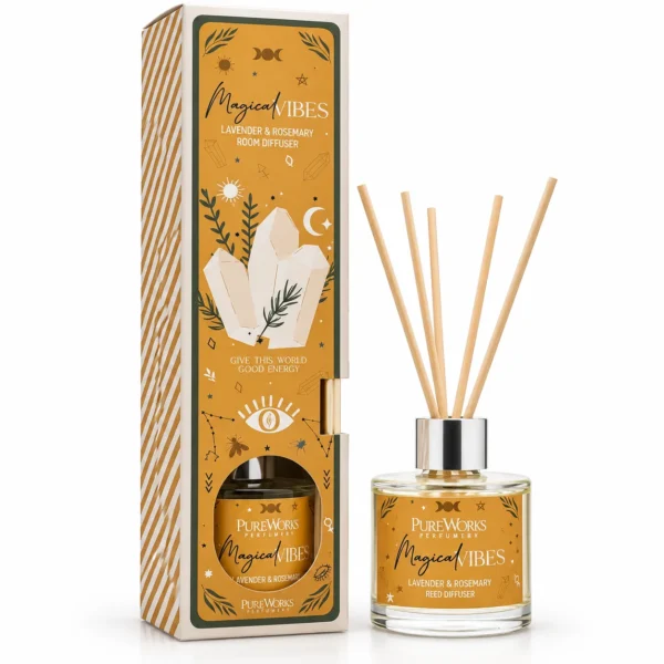Celestial Magic Reed Diffuser Magical Vibes 50 ml με Lavender & Rosemary, πορτοκαλί συσκευασία και αρωματικά sticks