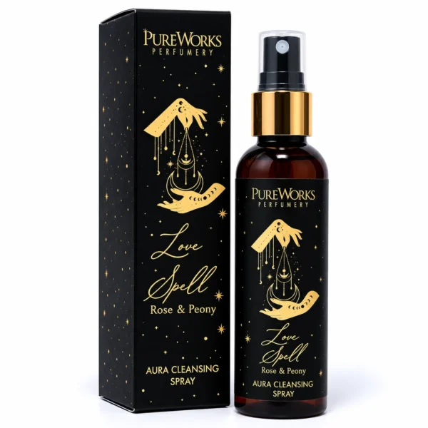 Song of India Room Spray Love Spell 100 ml με Rose & Peony, μαύρη συσκευασία και spray bottle