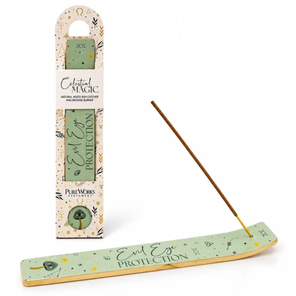 Celestial Magic Incense Holder Evil Eye Protection 26 cm με πράσινο mystical design και ξύλινη βάση για incense sticks