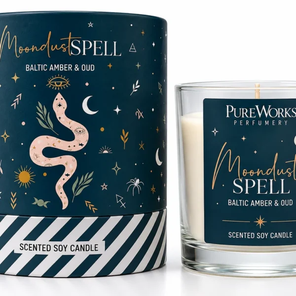 Celestial Magic Scented Candle Moondust Spell 120 g με Baltic Amber & Oud, γυάλινο δοχείο και μπλε συσκευασία