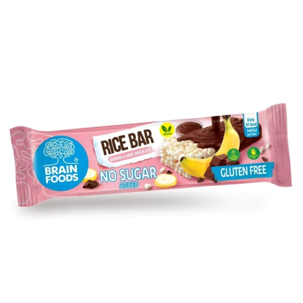 Brain Foods Rice Bar Banana & Dark Chocolate – Vegan μπάρα ρυζιού με μπανάνα και μαύρη σοκολάτα, χωρίς γλουτένη, χωρίς προσθήκη ζάχαρης και χωρίς φοινικέλαιο.