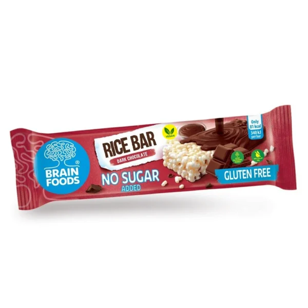 Brain Foods Rice Bar Dark Chocolate – Συσκευασία 20 vegan μπαρών ρυζιού με μαύρη σοκολάτα, χωρίς γλουτένη, χωρίς προσθήκη ζάχαρης και χωρίς φοινικέλαιο.