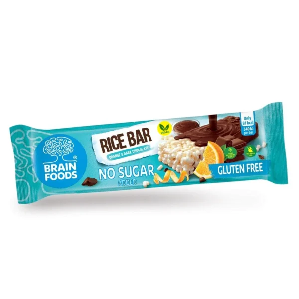 Brain Foods Rice Bar Orange & Dark Chocolate – Vegan μπάρα ρυζιού με πορτοκάλι και μαύρη σοκολάτα, χωρίς γλουτένη, χωρίς προσθήκη ζάχαρης και χωρίς φοινικέλαιο.