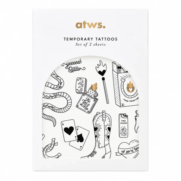 Modern Western Tattoo Set της All The Ways To Say με προσωρινά τατουάζ cowboy μπότες, φίδια, σπίρτα και western σύμβολα.
