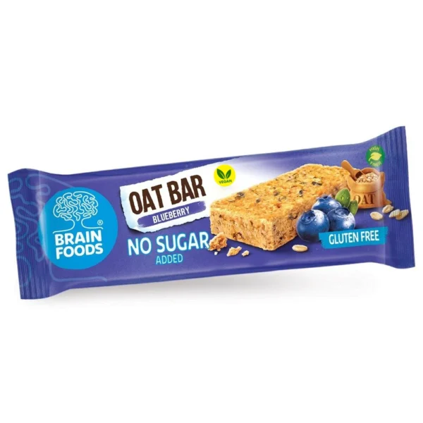 Μπάρα βρώμης με μύρτιλο Brain Foods Oat Bar Blueberry 70g, χωρίς προσθήκη ζάχαρης, χωρίς γλουτένη, vegan.