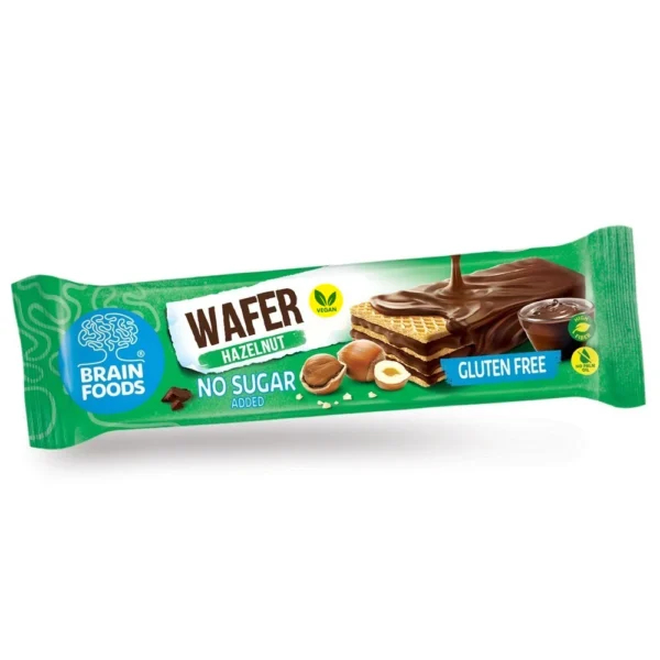 Brain Foods Wafer Hazelnut – Vegan γκοφρέτα με φουντούκι και επικάλυψη σοκολάτας, χωρίς γλουτένη, χωρίς προσθήκη ζάχαρης και χωρίς φοινικέλαιο.