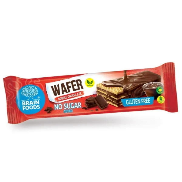 Brain Foods Wafer Double Chocolate – Vegan γκοφρέτα με διπλή σοκολάτα, χωρίς γλουτένη, χωρίς προσθήκη ζάχαρης και χωρίς φοινικέλαιο.