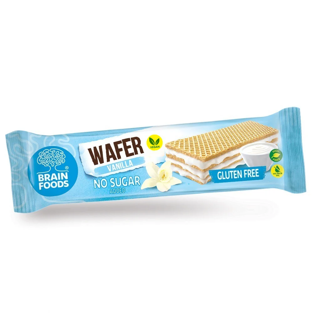 Brain Foods Wafer Vanilla – Vegan γκοφρέτα με κρέμα βανίλιας, χωρίς γλουτένη, χωρίς προσθήκη ζάχαρης και χωρίς φοινικέλαιο.