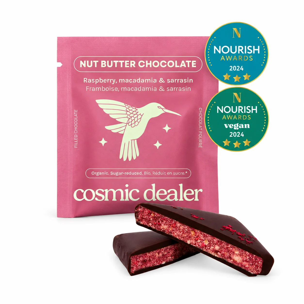 Cosmic Dealer Raspberry & Macadamia 20g | ANO.SE. Cosmic Dealer Raspberry & Macadamia 20g – Βιολογικό vegan σοκολατάκι με γέμιση macadamia και raspberry, επικαλυμμένο με μαύρη σοκολάτα 75%.