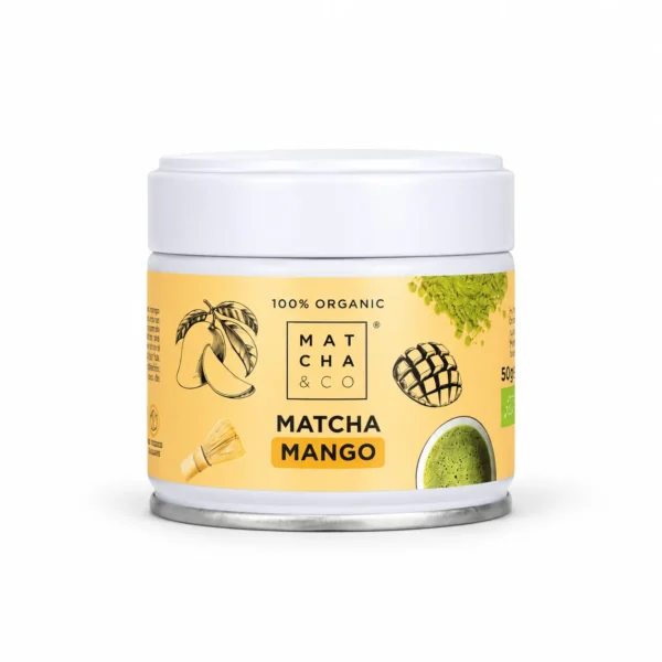 Matcha & Co Mango 50g – Βιολογικό μείγμα ιαπωνικού matcha με μάνγκο, σε κίτρινο και λευκό μεταλλικό βαζάκι.