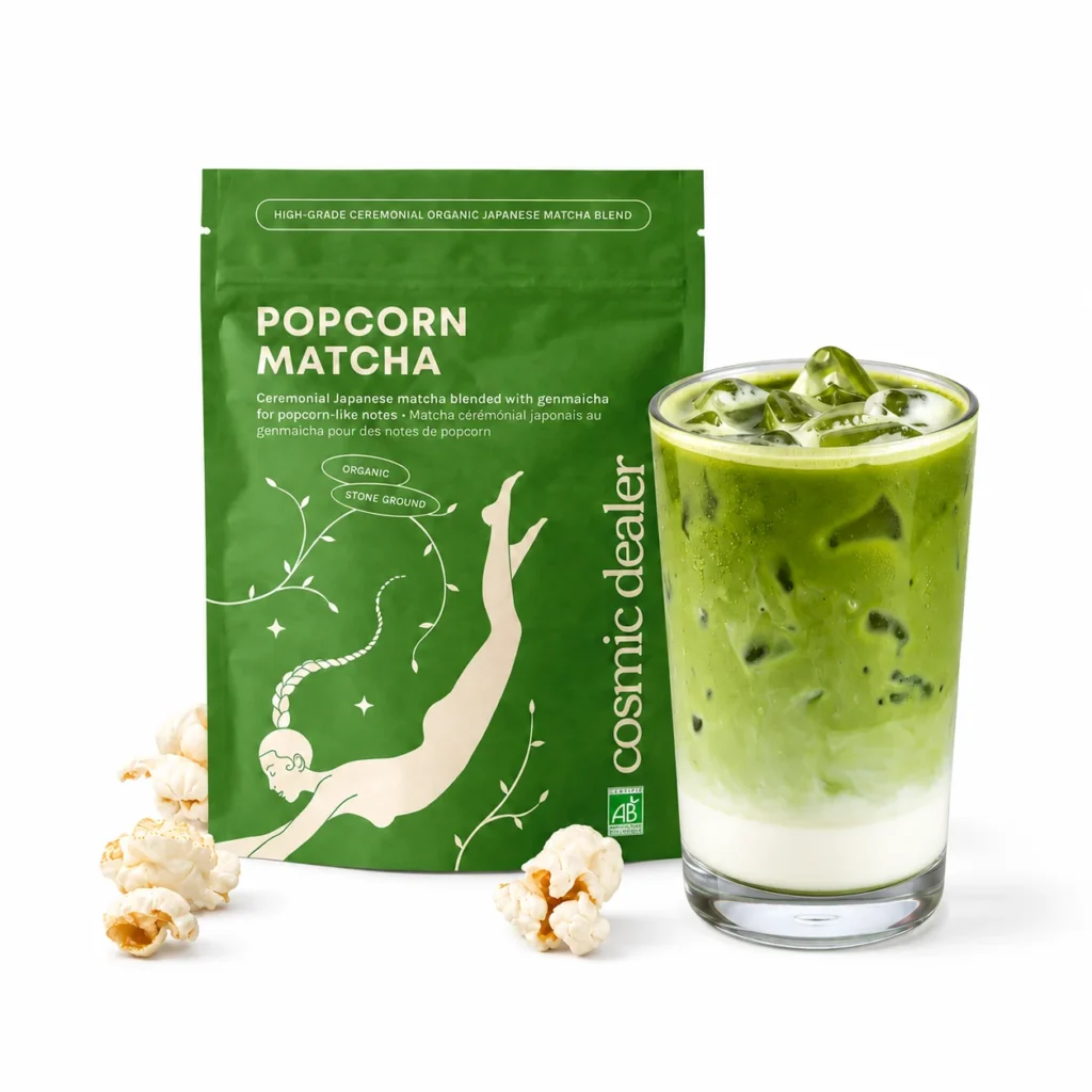 Cosmic Dealer Popcorn Matcha 60g – Βιολογικό ιαπωνικό matcha τελετουργικής ποιότητας με πράσινο τσάι sencha και καβουρδισμένο ρύζι genmaicha, με φυσικές νότες popcorn.