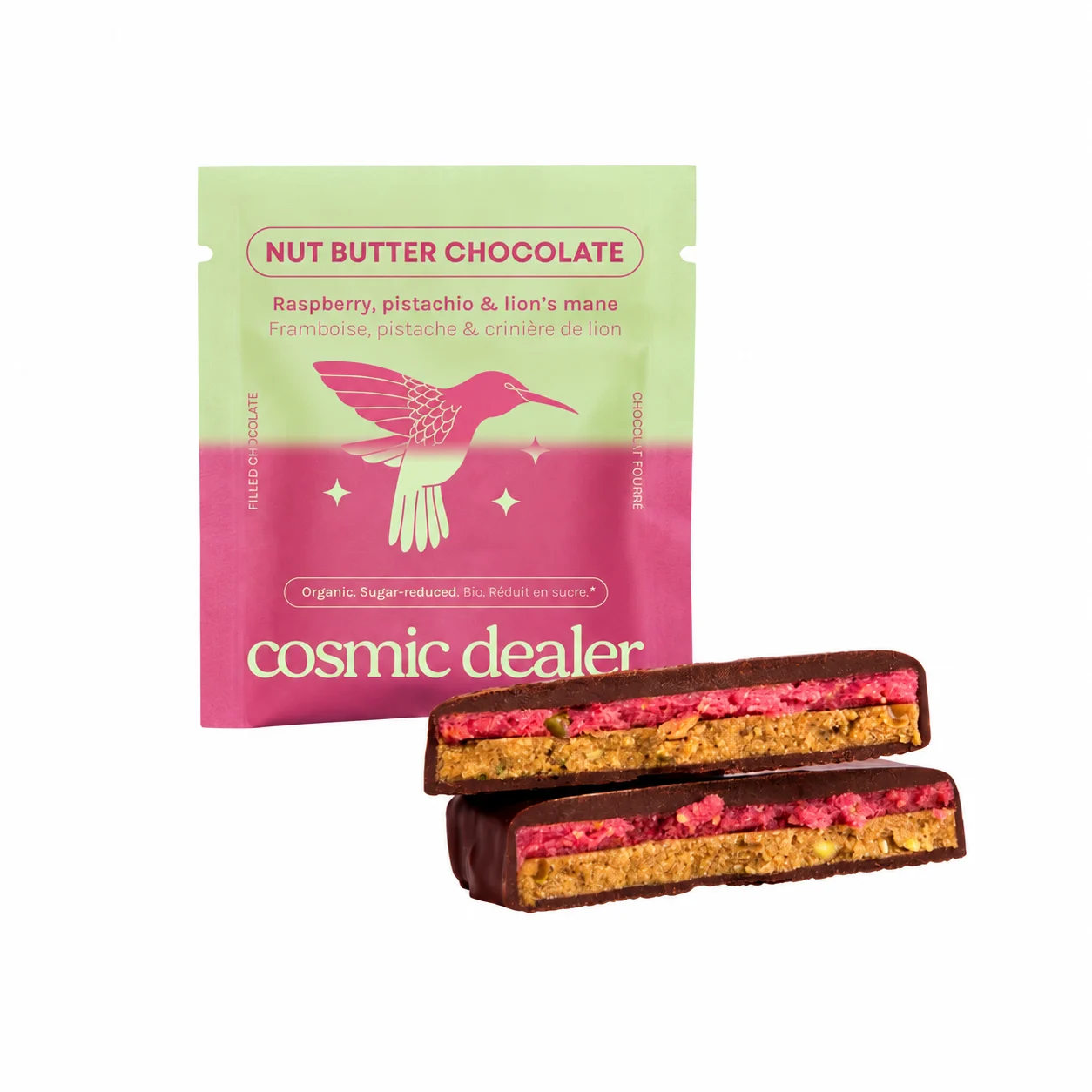 Cosmic Dealer Raspberry & Pistachio 20g | ANO.SE. Cosmic Dealer Raspberry & Pistachio – Βιολογικό σοκολατάκι με φιστίκι, raspberry, Lion’s Mane και μαύρη σοκολάτα 75%.