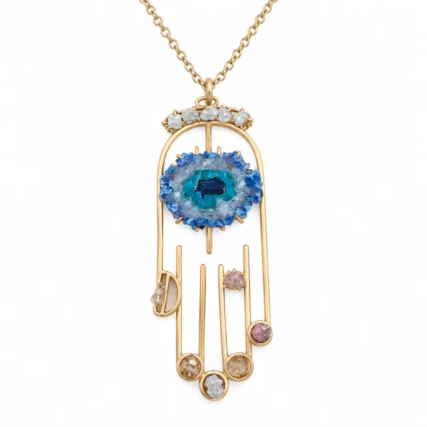 Ariana Ost Healing Crystal Hamsa Necklace – Χρυσό κολιέ με σύμβολο Χάμσα, μπλε κρυστάλλους και διακοσμητικές φυσικές πέτρες.