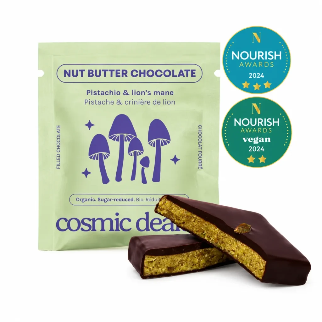 Cosmic Dealer Pistachio & Lion’s Mane 20g – Βιολογικό vegan σοκολατάκι με γέμιση φιστικιού και μαύρη σοκολάτα 75%.