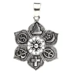 Ασημί μενταγιόν λωτός 2,8cm με έξι θρησκευτικά και πνευματικά σύμβολα.