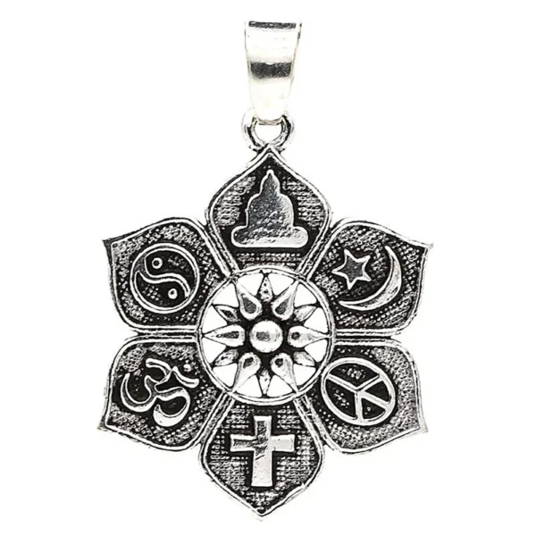 Ασημί μενταγιόν λωτός 2,8cm με έξι θρησκευτικά και πνευματικά σύμβολα.