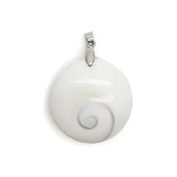 Λευκό στρογγυλό μενταγιόν Gomati Chakra 4cm με ασημί κούμπωμα.