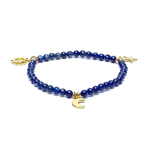 Ελαστικό βραχιόλι Lapis Lazuli με μπλε χάντρες 4mm και χρυσά διακοσμητικά ήλιο, αστέρι και φεγγάρι.